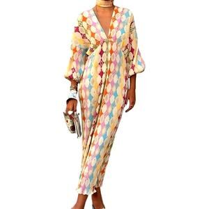 Commense Women's Small Multicolor Jacquard Print V-Neck Long Sleeve Dress